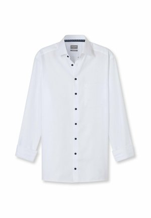Weißes Langarm-Hemdkleid für Herren mit schwarzen Knöpfen, einer linken Brusttasche und einem gemusterten Innenkragenfutter.