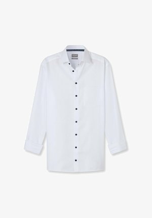 Weißes Langarm-Hemdkleid für Herren mit schwarzen Knöpfen, einer linken Brusttasche und einem gemusterten Innenkragenfutter.