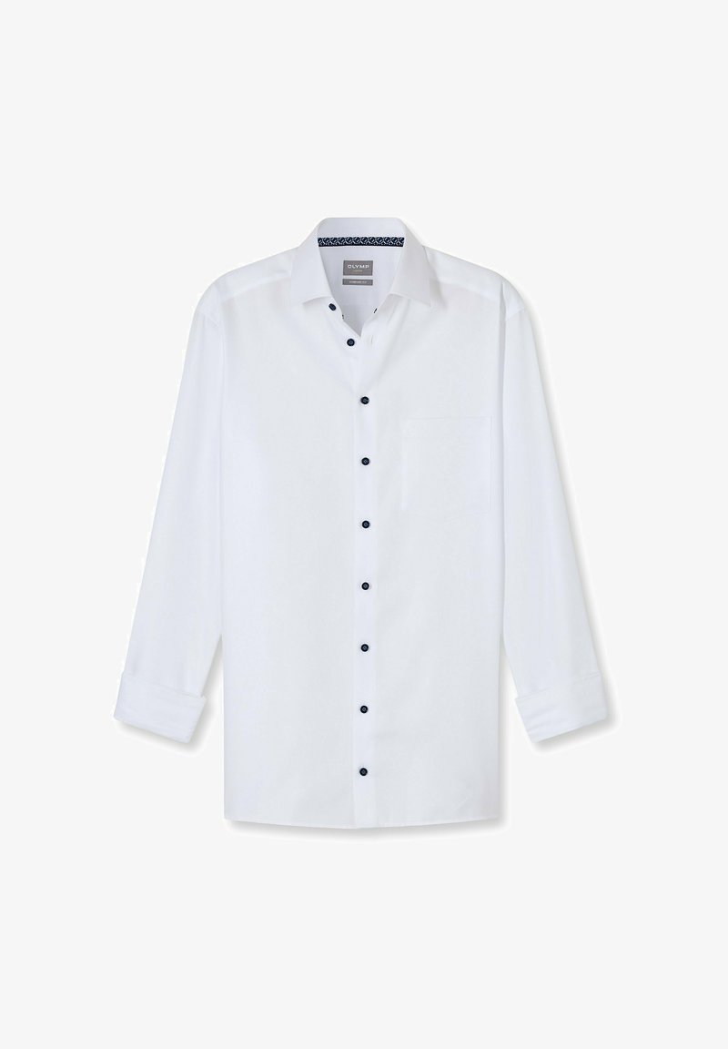 Witte langemouwen herenoverhemd met zwarte knopen, een linkse borstzak en een gemusterde voering in de kraag.