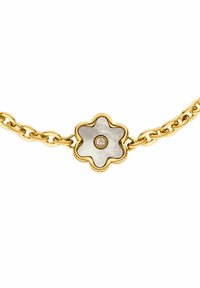 Goldene Armbandkette mit einem floralen Design, das ein Zentrum aus Perlmutt und einen einzelnen runden Diamantakzent aufweist.