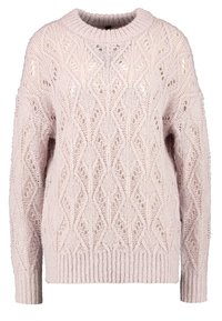 Maglione lavorato a maglia di un rosa pallido con un motivo a diamante, colletto rotondo a coste e polsini, caratterizzato da una vestibilità ampia e una struttura testurizzata.