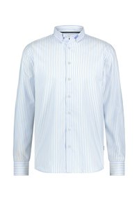 Leichtes Hemd mit Knopfleiste, das vertikale Blau- und Weißstreifen zeigt, mit klassischem Kragen und Knopfverschluss. Lange Ärmel mit Manschette.
