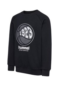 Zwarte sweatshirt met een ronde basketbalafbeelding en het jaar "1923." Bevat raglanmouwen en "hummel SPORTSWEAR" in witte letters.
