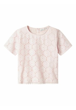 T-shirt rose clair à manches courtes avec motif floral en dentelle, col rond et ourlet festonné. Fermeture à boutons au dos. Tissu en mélange de coton.