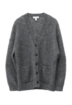 Graue Wollstrickjacke mit V-Ausschnitt, langen Ärmeln, gerippten Bündchen und zwei Vorderentaschen. Mit sechs schwarzen Knöpfen an der Vorderseite.