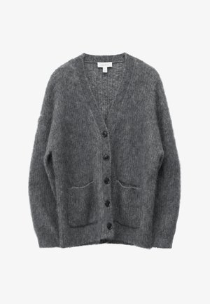 Gray wool cardigan with a v-neck, long sleeves, ribbed cuffs, and two front pockets. Features six black buttons along the front.