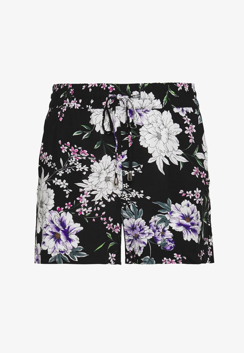 Shorts noirs à cordon avec imprimé floral blanc, violet et rose et feuilles vertes, dotés d'une taille élastique et de poches latérales.