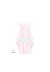 Ilustracja stylizowanego torsu w jasnoniebieskim bikini, z złotymi liniami wskazującymi techniki masażu na brzuchu i udach.