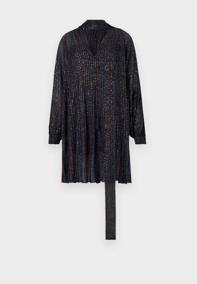 Black, long-sleeve top featuring a V-neck, vertical multicolored stripes, and a tie detail at the hem. Sheer fabric with a textured finish.