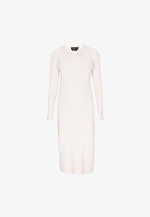 Kootud kleit heleses roosas toones pika varrukaga ja ümarate kaelustega. Kätiste dekoratiivnuppudega ja keha lähedane siluett.