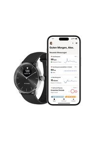 Orologio smart rotondo argento con bracciale in silicone nero, dotato di quadrante nero e monitor della frequenza cardiaca. Include uno smartphone che visualizza le metriche di salute.