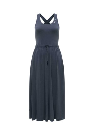 Bezrekawna ciemnoszara sukienka midi z dopasowaną górą, regulowanym paskiem w talii oraz skrzyżowanymi ramiączkami z tyłu i małymi ozdobnymi guzikami z przodu.