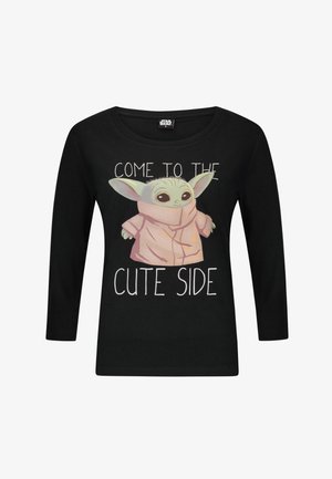 Black long-sleeve shirt with a cartoon of Baby Yoda wearing a robe and text reading "Come to the cute side."