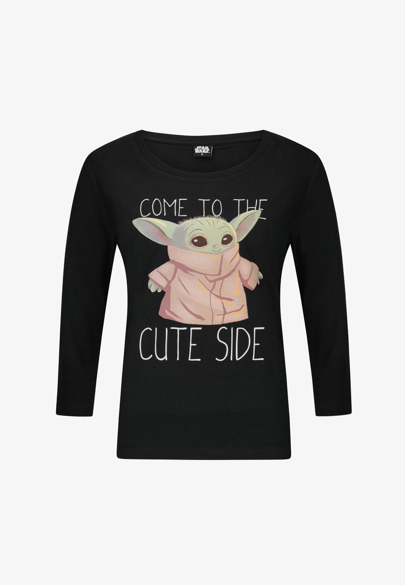 Zwart shirt met lange mouwen met een cartoon van Baby Yoda die een gewaad draagt en de tekst "Kom naar de schattige kant."