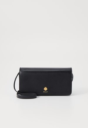 Black leather wallet with a slim rectangular shape, featuring a gold logo. Includes a detachable strap for carrying convenience.