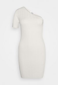 Sukienka dzianinowa, w kolorze off-white, na jedno ramię, z krótkimi rękawami, dopasowana, o pionowej żebrowanej fakturze z delikatnym streczem dla komfortu.