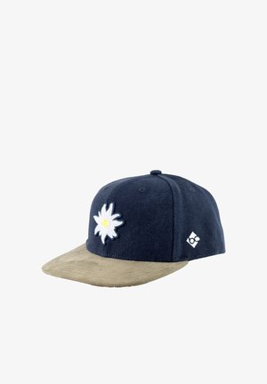 Marineblaue Mütze mit beiger Krempe, weißer bestickter Blume mit gelbem Zentrum auf der Vorderseite und kleinem weißem geometrischem Logo an der Seite.