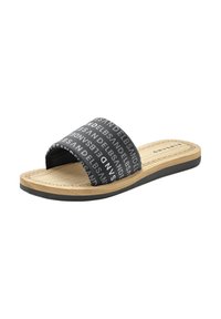 Black slide sandal with a wide strap featuring white text, wooden insole, and a black rubber outsole. Simple design with a flat profile.