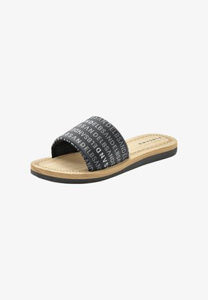 Black slide sandal with a wide strap featuring white text, wooden insole, and a black rubber outsole. Simple design with a flat profile.