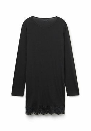 Černý dlouhý rukáv top s kulatým výstřihem, s krajkovým lemem a měkkou, hladkou tkaninou. Jednoduchý design, všestranný pro vrstvení.