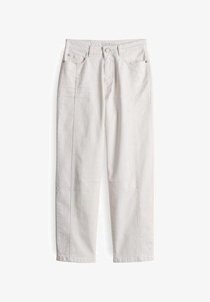 Jeans a vita alta beige chiaro realizzati in denim, con due tasche frontali, design a gamba dritta e cuciture a vista.