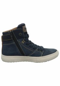 Navy High-Top Sneaker aus Wildleder mit gestickten Details, Gummisohle, seitlichem Reißverschluss und einem beigen Akzent am Knöchel.