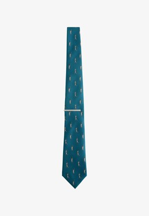 Teal necktie with a repeating pattern of small golfers in mid-swing wearing beige pants and brown hats.