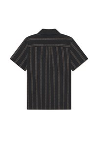 Short-sleeve shirt, black with vertical tan stripes, collared design, featuring a back pleat and straight hem. Soft, textured fabric.
