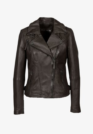 Donkere bruine leren motorjack met asymmetrische voorrits, brede revers, ritssluitingen aan de zakken en gespdetails aan de kraag en zijkanten.