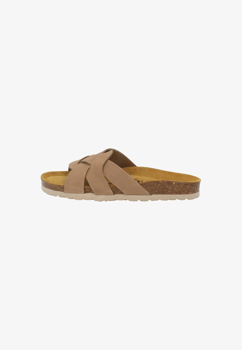 Men's brown slide sandal with crossed wide leather straps, cork footbed, and textured rubber sole.