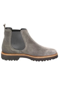 Botte Chelsea en daim gris avec panneaux latéraux élastiques, bout rond et semelle en caoutchouc texturée. Présente une couture contrastante autour de la semelle.