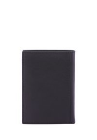 Portafoglio in pelle nera con superficie strutturata, forma rettangolare e dettagli di cucitura visibili. Design chiuso senza accenti esterni.