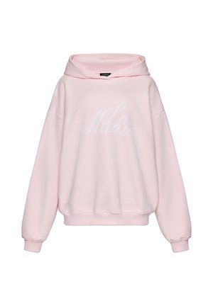 Jasnoróżowa bluza z kapturem z opuszczanymi ramionami, ściągaczami przy rękawach i na dole oraz subtelnym białym logo pisanym kursywą z przodu.