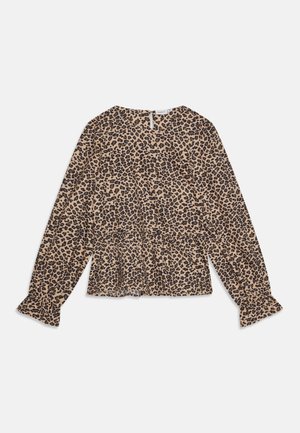 Leopardenmuster Langarmbluse in Beige und Schwarz, mit einem Peplumsaum und Rüschensäumen, aus leichtem Stoff mit glatter Textur.