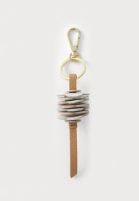 Keychain featuring stacked, circular leather pieces in varied shades, attached to a gold-tone metal clip and round ring for secure attachment.
