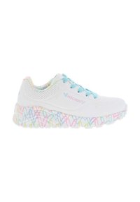 Sneakers atletiche bianche con lacci blu, lati perforati e suola con motivo a cuori multicolore. Nome del marchio "Skechers" visibile.