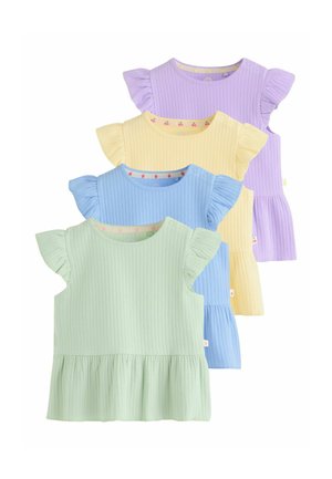 Súprava štyroch žerzejových bavlnených tričiek v pastelových farbách: zelená, modrá, žltá a fialová. Majú rozšírené rukávy a volánový lem.