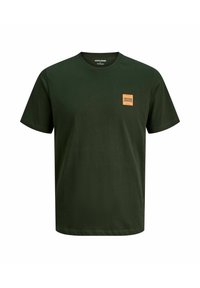 Grünes Baumwoll-T-Shirt mit Rundhalsausschnitt, kurzen Ärmeln und einem quadratischen orangefarbenen Logo-Patch auf der linken Brustseite. Glatte Textur.