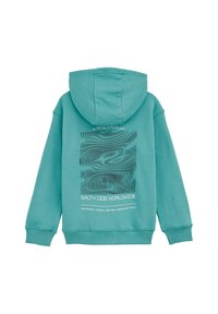 Turkos hoodie med en stor svart grafik på baksidan, som innehåller text och vågiga linjer. Tillverkad av mjukt tyg, med en framficka i kengurustil.