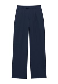 Námořnické modré kalhoty typu wide-leg s hladkou texturou, mají plochý přední díl a dvě boční kapsy. Přizpůsobený design s čistým provedením.