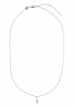 Colier din argint cu pandantiv delicat în formă de cruce, având o textură fină, închidere cu carabină și lungime reglabilă.