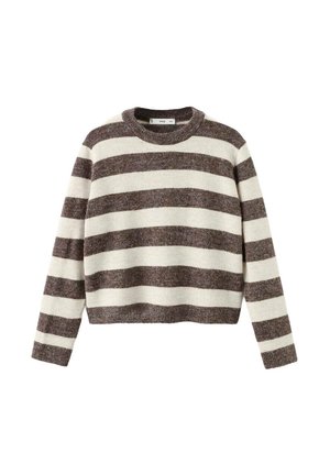 Suéter tipo pulóver a rayas en crema y marrón oscuro. Cuello redondo acanalado, mangas largas y dobladillo corto. Textura suave con un corte relajado.