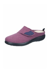 Purple felt slipper with a navy accent, cushioned insole, and black rubber outsole. Features a hook-and-loop strap for secure fit.
