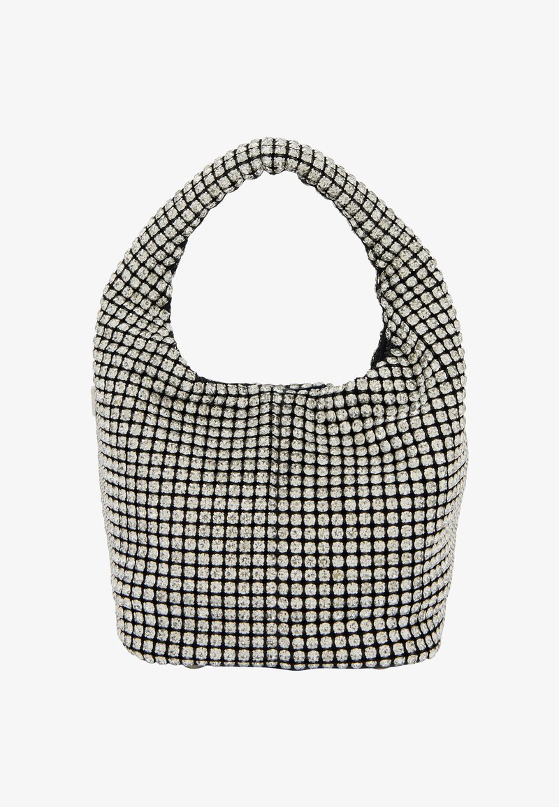Sort håndtaske med en tekstureret overflade og sølvfarvede firkantede paljetter arrangeret i et gittermønster. Rundt håndtag og blød form.