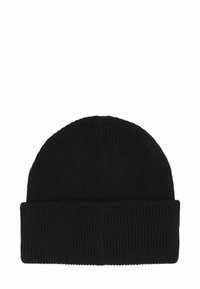 Berretto in maglia nera realizzato in materiale a coste. Presenta un risvolto, forma cilindrica e una superficie liscia. Nessun motivo o dettaglio.