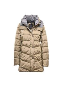 Beige Pufferjacke mit grau gefüttertem Kragen, Druckknöpfen und Steppdesign. Verfügt über zwei Vordertaschen, aus glattem synthetischem Material.