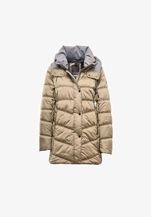 Beige Pufferjacke mit grau gefüttertem Kragen, Druckknöpfen und Steppdesign. Verfügt über zwei Vordertaschen, aus glattem synthetischem Material.