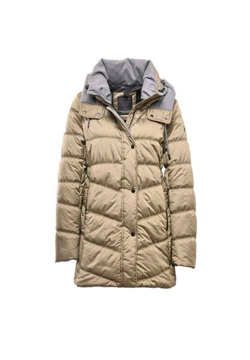 Beige Pufferjacke mit grau gefüttertem Kragen, Druckknöpfen und Steppdesign. Verfügt über zwei Vordertaschen, aus glattem synthetischem Material.