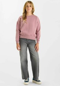Lichtroze sweatshirt met een ronde hals en ribgebreide mouwen, gecombineerd met losse grijze jeansbroeken en blauwe sneakers met witte zolen.