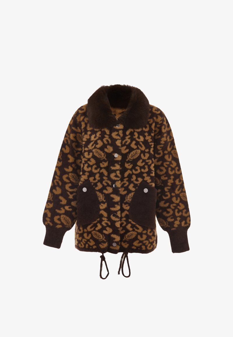 Veste à imprimé léopard en marron et beige, avec un col en fourrure, des boutons-pression, deux grandes poches et un ourlet à cordon. Texture douce.
